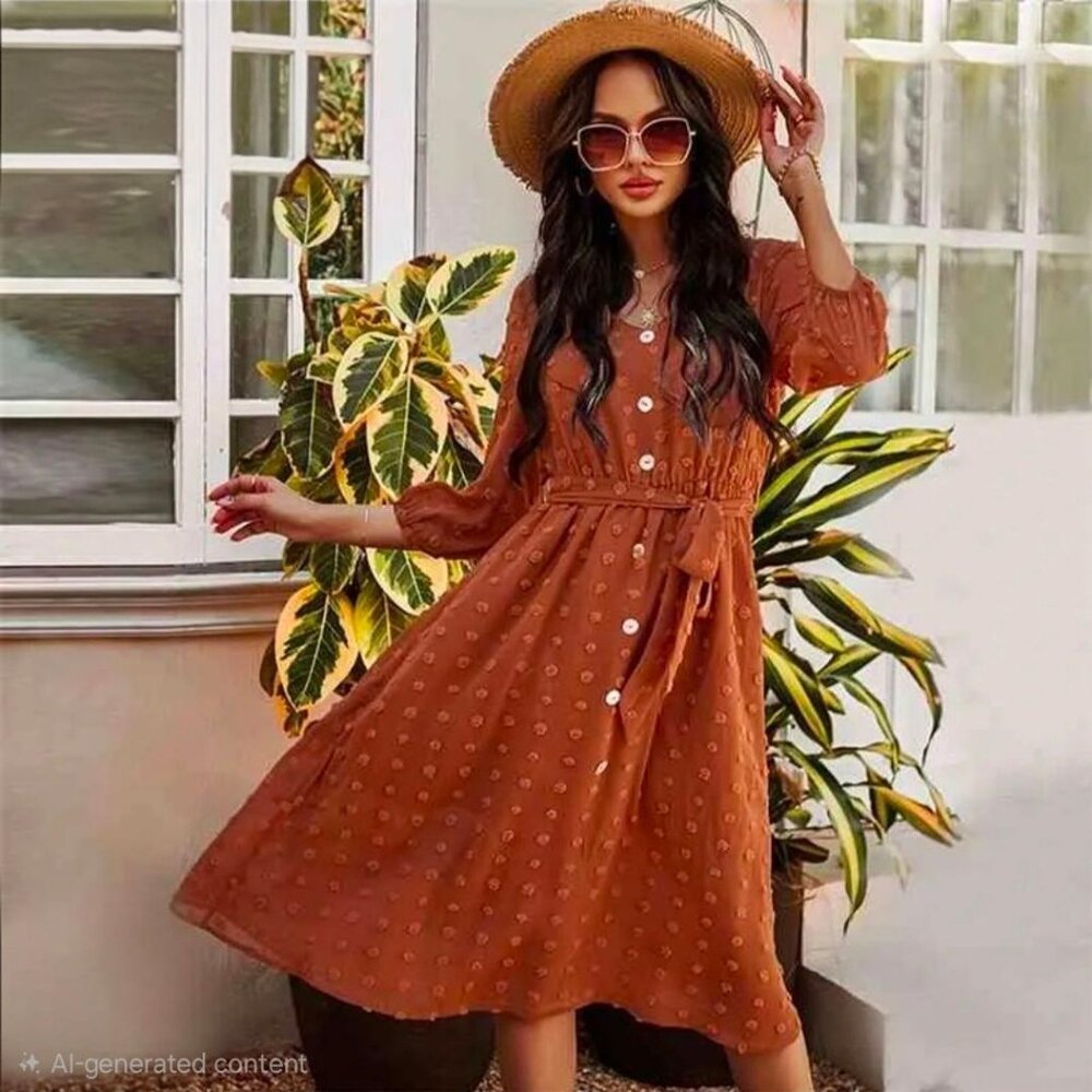 Swiss Dot Button Front Detail 3/4 Sleeve V Neck Dress